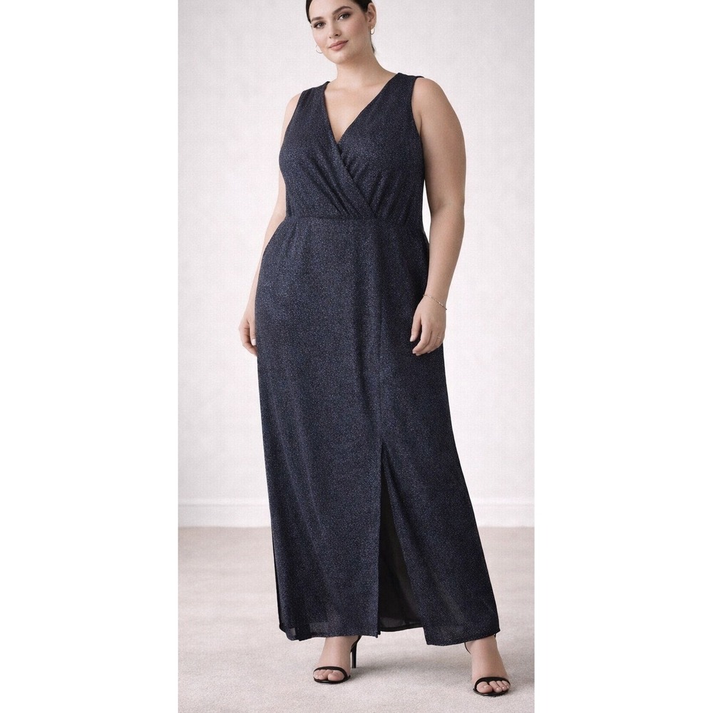 White Birch Metallic Shimmer Navy Sleeveless Wrap V-Neck Maxi Dress Womens 2X